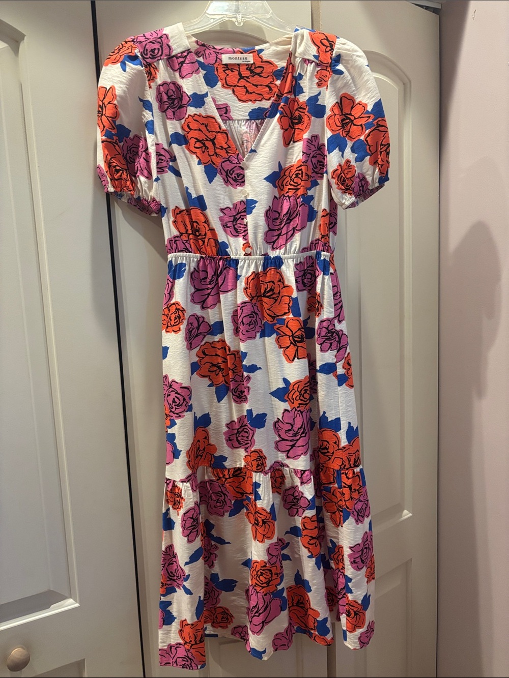 Monteau White Midi Dress with Pink, Orange & Blue Floral Print